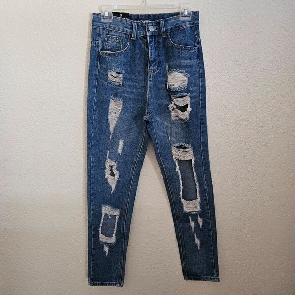 Fashion Nova Distressed Ripped High Rise Janel Boyfriend Denim Jeans Small NWT - Picture 1 of 11